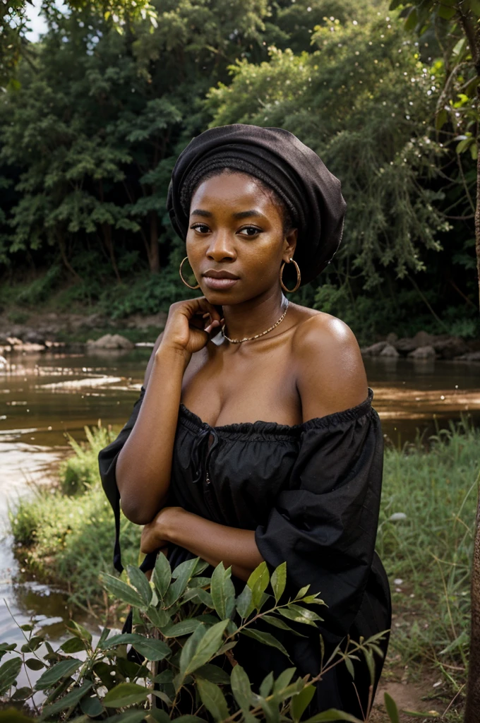 dame africaine, peau sombre, porter du tissu africain, gros cul, at the river, green vegetation, peu de vêtement