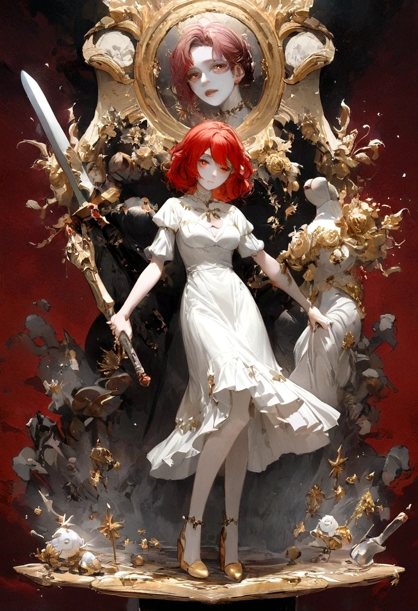 : ((((Picture of a 5 ft 7 inches tall girl with pale skin and long fiery red hair)), 1girl, standing, posing, ((checking her sword)), (( relaxed), casual outfit)), high heels, red hair in two pigtails, ((full frontal pose)), facing slightly off to the viewer side, (( medium shot))), ((soft focus))), ((nice smile)), ((eager eyes))), ((three-quarter sleeve dress)), (((gold jewelry))), ((hehrish background, take me away))), medium breasts, ((feminine ankles))), 22 years old, ((sophisticated attire)))