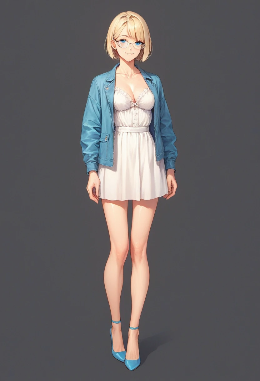 beautiful woman, solo, full body, standing, medium bob cut blonde hair, light blue eyes, two points glasses, medium breasts, blue opened jacket, white blouse, white pleats skirt, beautiful knee, blue high heels, soft smile, perfect hands with 5 fingers, black background, no background