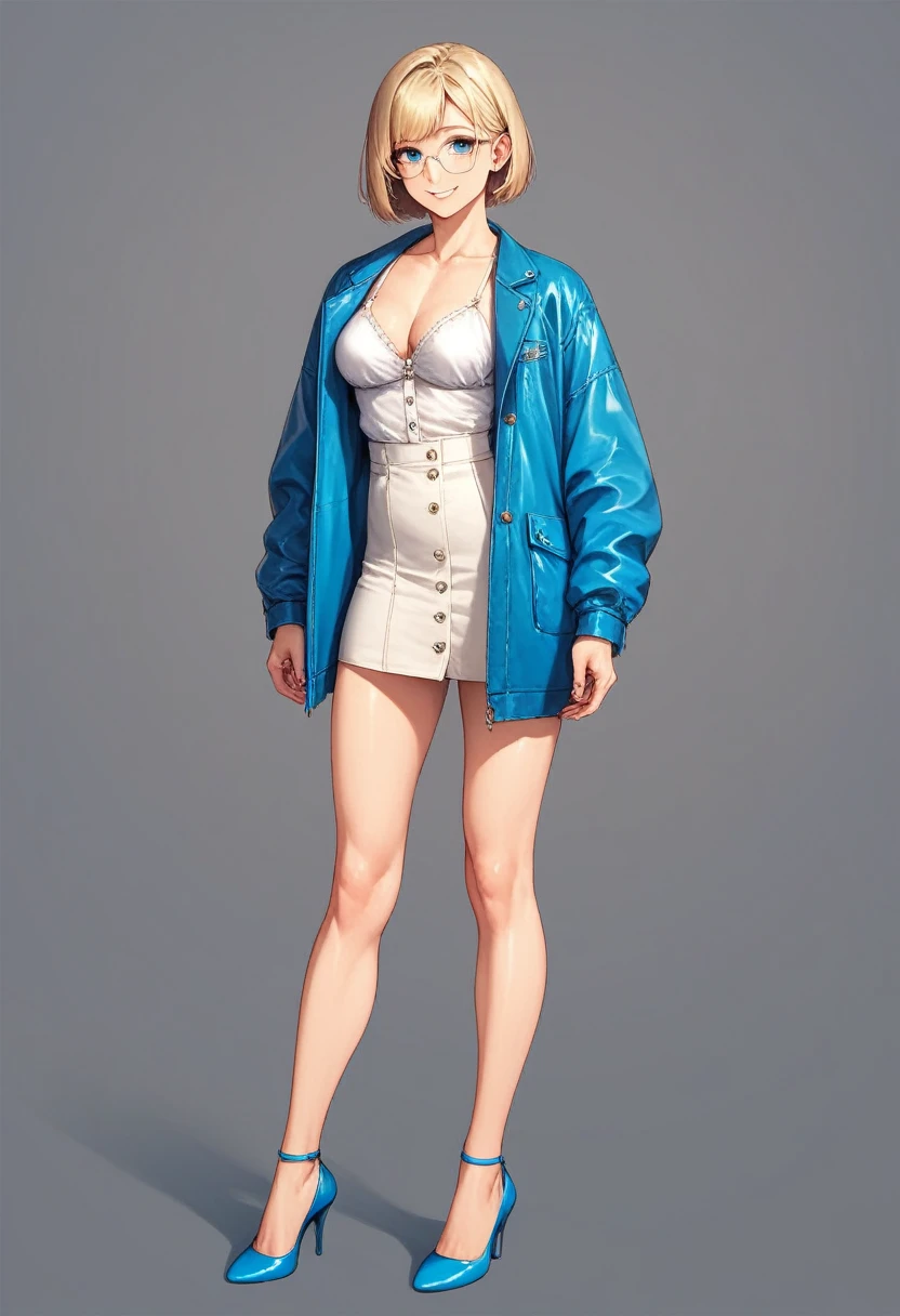 beautiful woman, solo, full body, standing, medium bob cut blonde hair, light blue eyes, two points glasses, medium breasts, blue opened jacket, white blouse, white pleats skirt, beautiful knee, blue high heels, soft smile, perfect hands with 5 fingers, black background, no background