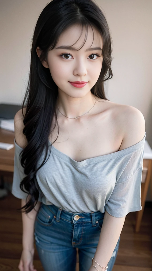 (Masterpiece), (best quality), (Very detailed),(illustration), (1 girl),look at viewer, (interview),Beautifully detailed eyes, delicate beautiful face, floating,(high saturation),(shine), big breast, Frimadev, gray hair, white shirt, red shirt, fur trim, open clothes, off shoulder, black pants, Torn pants, necklace, sleeping mask, smile