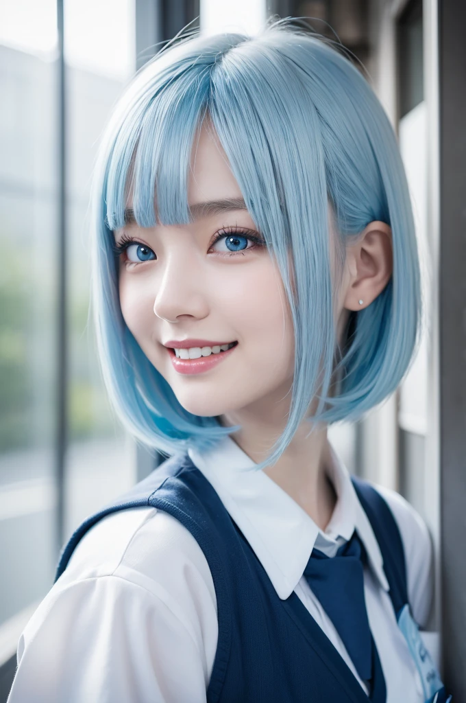1girl, masterpiece, japanaese girl, absurderes, hight resolution, ultra-detailliert, depth of fields, masterpiece, , ((happy smile)), extremely detailed CG, 3D Photography, 3D background, Unity, 8K, Hi-Res, top-quality, shadowy, sharp focus, (super long hair), (school uniform:1.2), (pale blue hair:1.2), blush, A detailed eye, blurry backround, dynamic angle, closed mouth, Look at viewers, superclear, curvaceous girl,