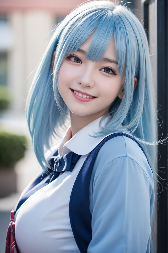 1girl, masterpiece, japanaese girl, absurderes, hight resolution, ultra-detailliert, depth of fields, masterpiece, , ((happy smile)), extremely detailed CG, 3D Photography, 3D background, Unity, 8K, Hi-Res, top-quality, shadowy, sharp focus, (super long hair), (school uniform:1.2), (pale blue hair:1.2), blush, A detailed eye, blurry backround, dynamic angle, closed mouth, Look at viewers, superclear, curvaceous girl,