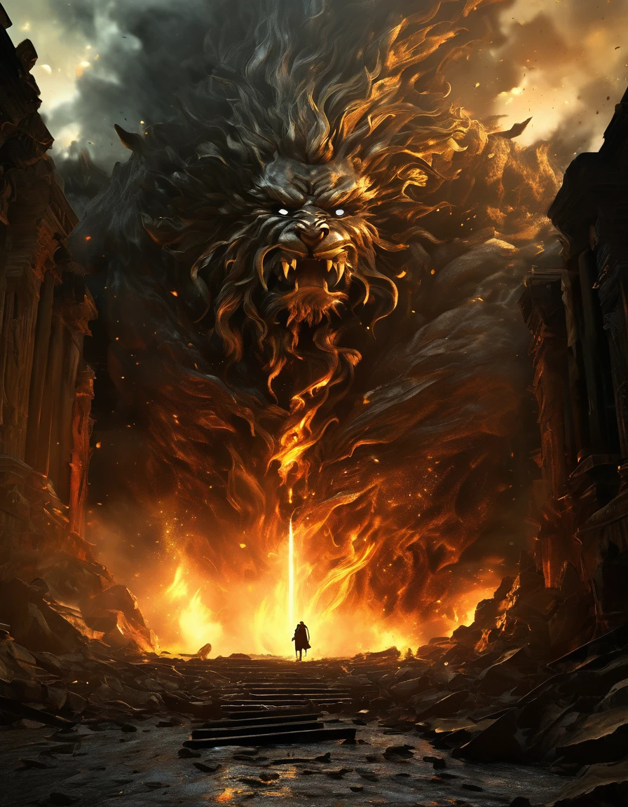 masterpiece,Super cool magical creatures,((super giant zeus)),roar,Violent and cruel,Tall and mighty,((petrified skin)),thick limbs,Looking at the collapsed and broken castle at my feet,fighting,fire light,gravel,smoke,Random light and shadow,Glowing special effectinimalist style,mist,(full body portrait:1.4),European and American fantasy style,Perfect,,highlight,bright colorful shades,Ink background,OC renderer,best picture quality,high resolution,dynamic perspective
