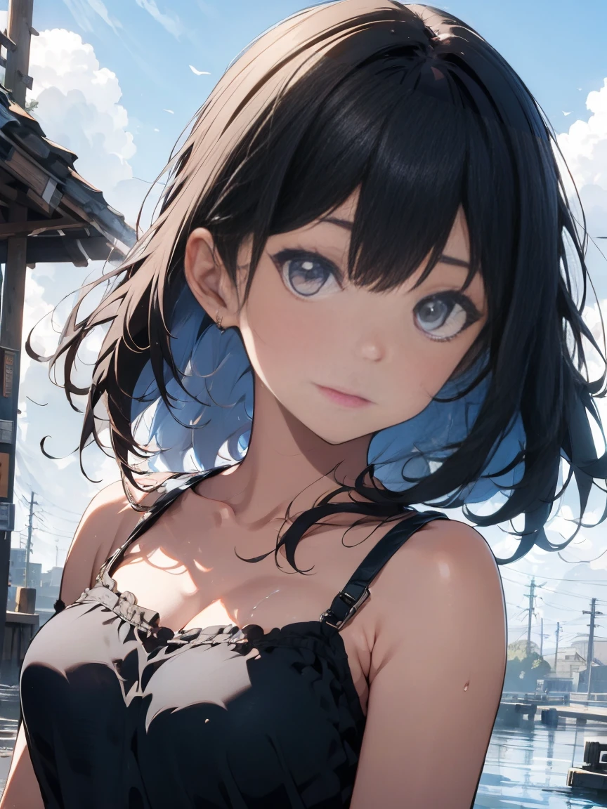 Slightly sideways and below view、Embarrassed、Big breasts,、Tight lace white panties and bra、NUDE,Black Hair、Pretty blue hair ribbon 、Beautiful girl girl、Clear skies、Small white panties and bra、Mature woman、Leaning forward、Leaning forward to highlight cleavage、Girl in white bra and panties、Floating nipples