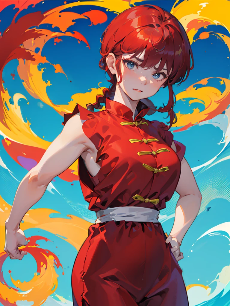 ((masterpiece:1.4)), expensive quality, very_expensive_solve, big_file size, Full Color, Thick outline, Clear contours, colorful, (Beautiful fine details, Are thin:1.4), ((Beautiful Face:1.0)), ((Boyish face:1.4)), 1 girl, (Ranma), (Redhead), short hair, (Braided Ponytail), ((bangs)), bumpy bangs, Blue-gray eyes, Big Breasts, Curvy, Ranma, Braided Ponytail, (Red Chinese Clothing), No sleeve, Tangzhuang, Black trousers, Are standing, ((, Are thin:1.4)), ((from the front:1.4)), Are thin:1.4
