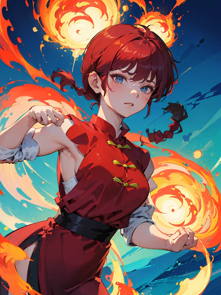 ((masterpiece:1.4)), expensive quality, very_expensive_solve, big_file size, Full Color, Thick outline, Clear contours, colorful, (Beautiful fine details, Are thin:1.4), ((Beautiful Face:1.0)), ((Boyish face:1.4)), 1 girl, (Ranma), (Redhead), short hair, (Braided Ponytail), ((bangs)), bumpy bangs, Blue-gray eyes, Big Breasts, Curvy, Ranma, Braided Ponytail, (Red Chinese Clothing), No sleeve, Tangzhuang, Black trousers, Are standing, ((, Are thin:1.4)), ((from the front:1.4)), Are thin:1.4