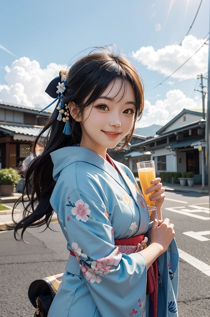 A smiling girl in a kimono cheers with a cheerful "Good morning" under the blue sky