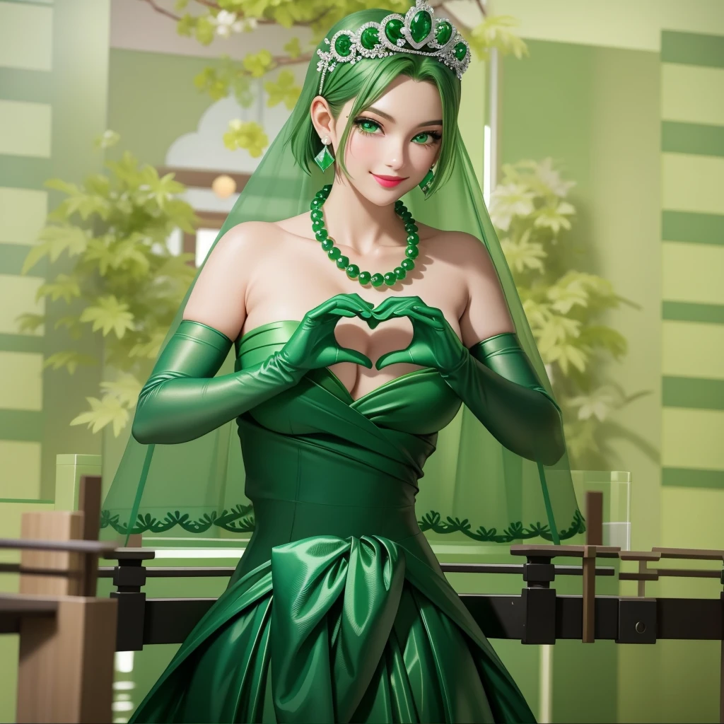 Emerald tiara, Green Pearl Necklace, ボーイッシュな非常に短いGreen Hair, Green Lips, Smiling Japanese woman, Very short hair, Busty beautiful lady, Green Eyes, Green satin long gloves, Green Eyes, Emerald Earrings, Green veil, Heart with both hands, Green Hair, Beautiful Japanese Woman, Heart shaped hands:1.3, green lip gloss