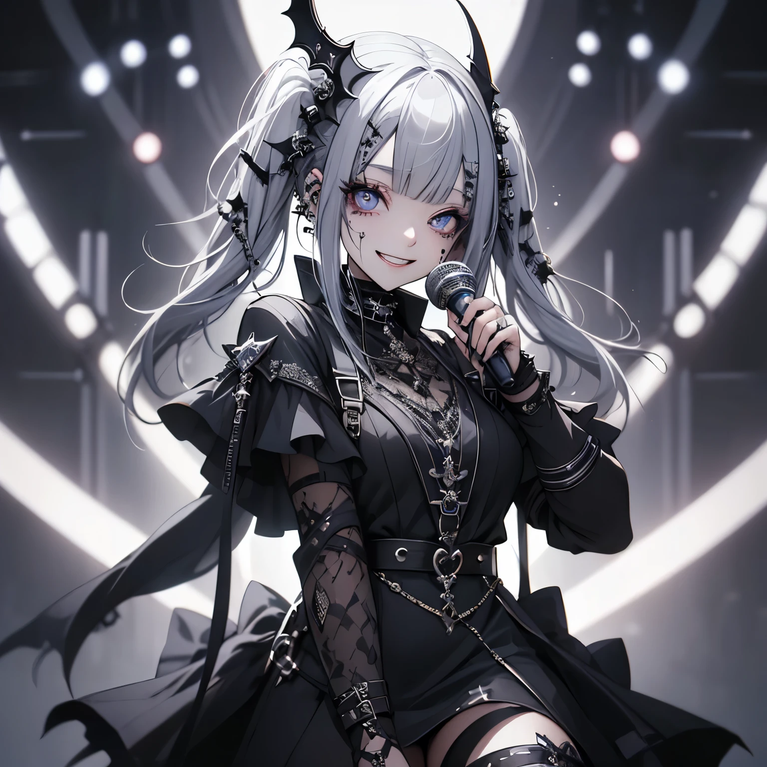 (masterpiece), Highest quality, Ultra-high resolution,Gothic、Silver Hair、Black Hair、Big smile、Bat、smile、cool、band、live、Visual Kei、Sick Makeup、(Sing with a microphone:1.3)