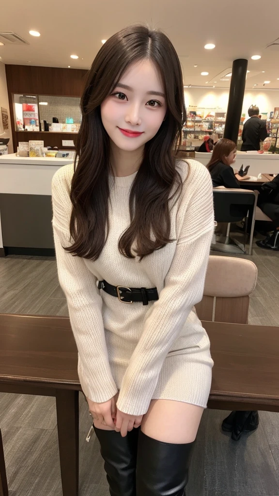 In detail, High resolution, high quality、Beautiful fine details, long hair, Natural color lip、1 person、Clear Skin、Shiny Hair、Tabletop, 最high quality, Super detailed, In detail, High resolution, 8k、Beautiful feet,Perfect beautiful face,KPOP idol faces,Ecstatic face、Cute face,black thigh boots、Knit dress、smile、Shopping Centre、bag、belt、mini skirt、