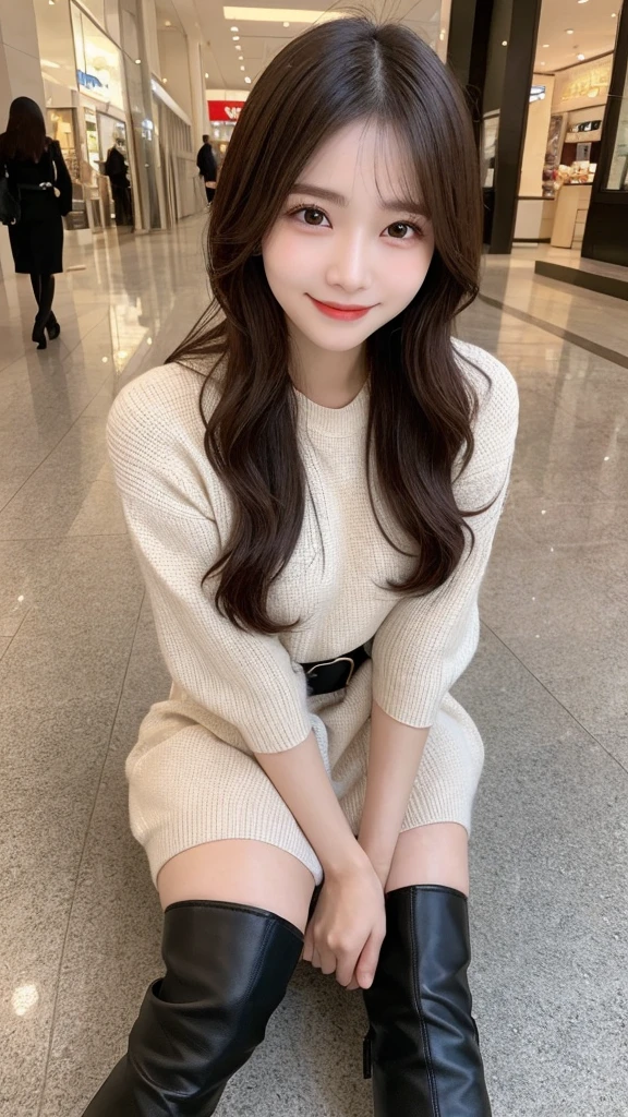 In detail, High resolution, high quality、Beautiful fine details, long hair, Natural color lip、1 person、Clear Skin、Shiny Hair、Tabletop, 最high quality,  Super detailed, In detail, High resolution, 8k、Beautiful feet,Perfect beautiful face,KPOP idol faces,Ecstatic face、Cute face,black thigh boots、Knit dress、smile、Shopping Centre、bag、belt、mini skirt、