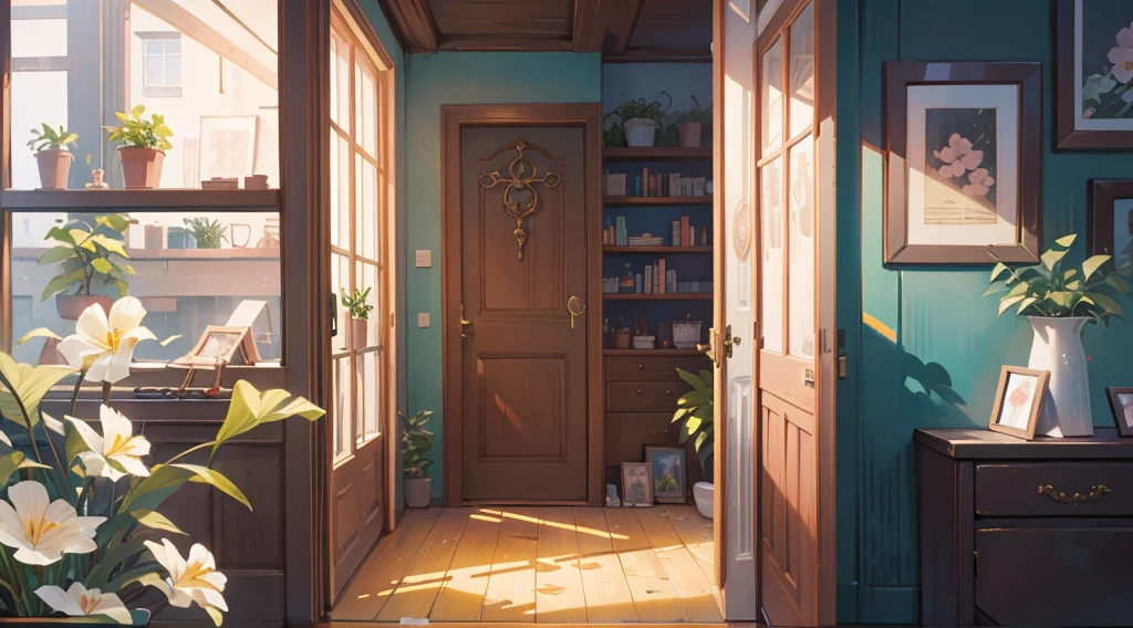 (Masterpiece), Best quality, Ultra-high resolution, detailed structure, Detailed architecture, (Warm pastel colors), indoor，（nobody：1.5）Pull the door frame to see the living room，Behind is the living room, plant, Stamens, indoor。Entrance