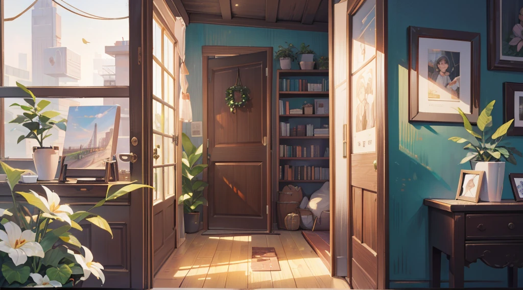 (Masterpiece), Best quality, Ultra-high resolution, detailed structure, Detailed architecture, (Warm pastel colors), indoor,(nobody:1.5)Pull the door frame to see the living room,Behind is the living room, plant, Stamens, indoor。Entrance