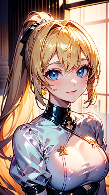 High quality, Best quality , masterpiece, Portrait、、Bright expression、ponytail、Young, shiny, white, glossy skin、Gloss Face、Shining Cheek Gloss、Small Face Beauty、The best beauty、The dazzling light of blonde hair、Bright blonde hair with dazzling highlights、Very beautiful shiny light blonde hair、super long silky straight hair、Her shiny, beautiful bangs are covering her eyes.、Sparkling, clear, attractive, bright, large, pale blue eyes、Very big eyes、eyeliner、very beautiful lovely cute 16 year old girl、young girl, Ample Bust, upper body , (smile:1.2) , (((latex tits , ponytail )))), in room , medium breast , full body