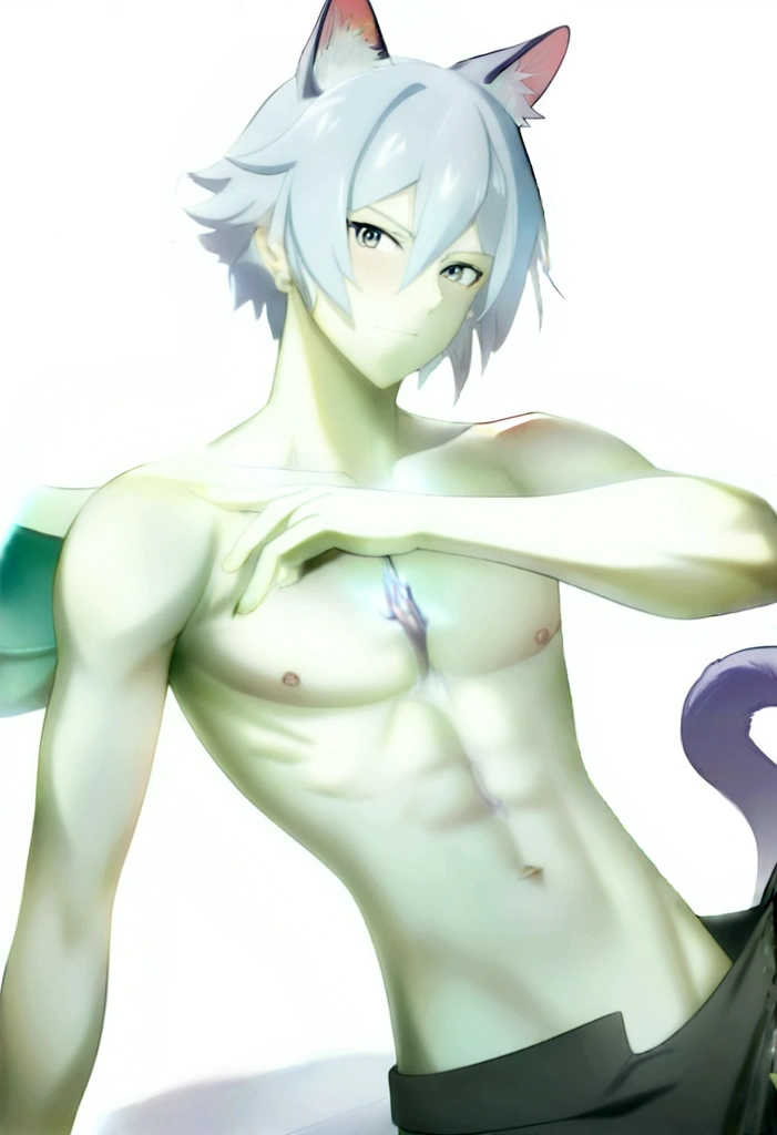 Anime guy have penis in the pants , nsfw, cum, sixpack,anime guy with a cat ears and a collar on his chest, tall anime guy with blue eyes, handsome japanese demon boy, skinny male fantasy alchemist, handsome anime pose, male anime character, hajime yatate, anime handsome man, smooth anime cg art, smooth blue skin, shirtless :: high detail, young anime man, keqing from genshin impact, anime boy