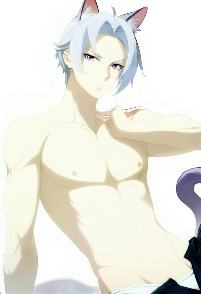 Anime guy have penis in the pants , nsfw, cum, sixpack,anime guy with a cat ears and a collar on his chest, tall anime guy with blue eyes, handsome japanese demon boy, skinny male fantasy alchemist, handsome anime pose, male anime character, hajime yatate, anime handsome man, smooth anime cg art, smooth blue skin, shirtless :: high detail, young anime man, keqing from genshin impact, anime boy