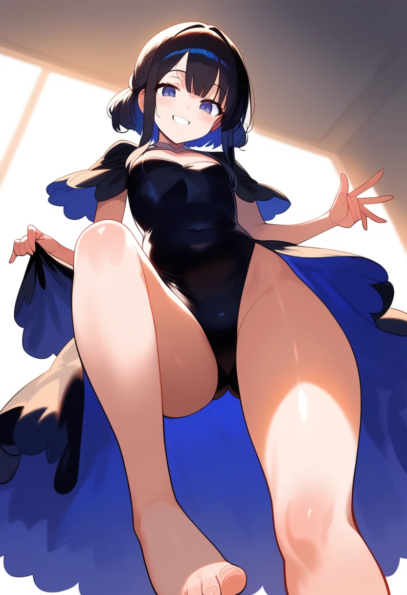 1girl, ultra high res ,looking at viewer , very large chest size, dress, very low angle, smile, covered navel, feet, raise leg, tiny pov