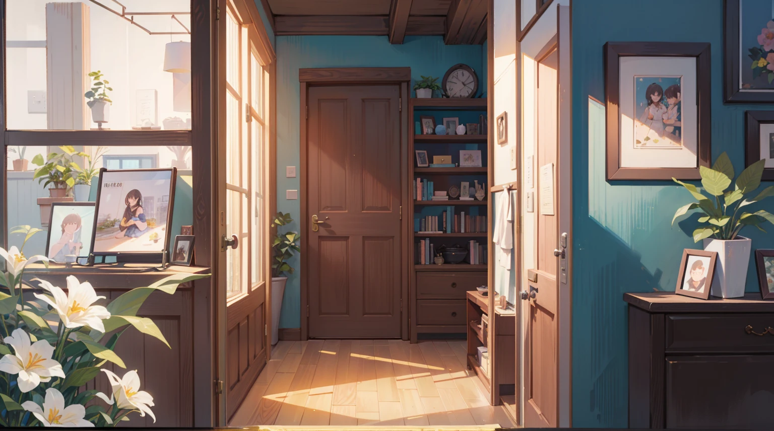 (Masterpiece), Best quality, Ultra-high resolution, detailed structure, Detailed architecture, (Warm pastel colors), indoor，（nobody：1.5）Pull the door frame to see the living room，Behind is the living room, plant, Stamens, indoor。Entrance