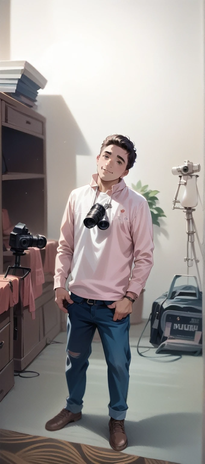 (cute, beautiful) Ukrainian ( boy), (wearing) (loose summer outfit), [holding camera]. (Optimistic).

(Photorealistic), (vivid colors), (ultra-detailed), (masterpiece:1.2), [studio lighting].

Please generate the Stable Diffusion prompt directly without adding any prefix.