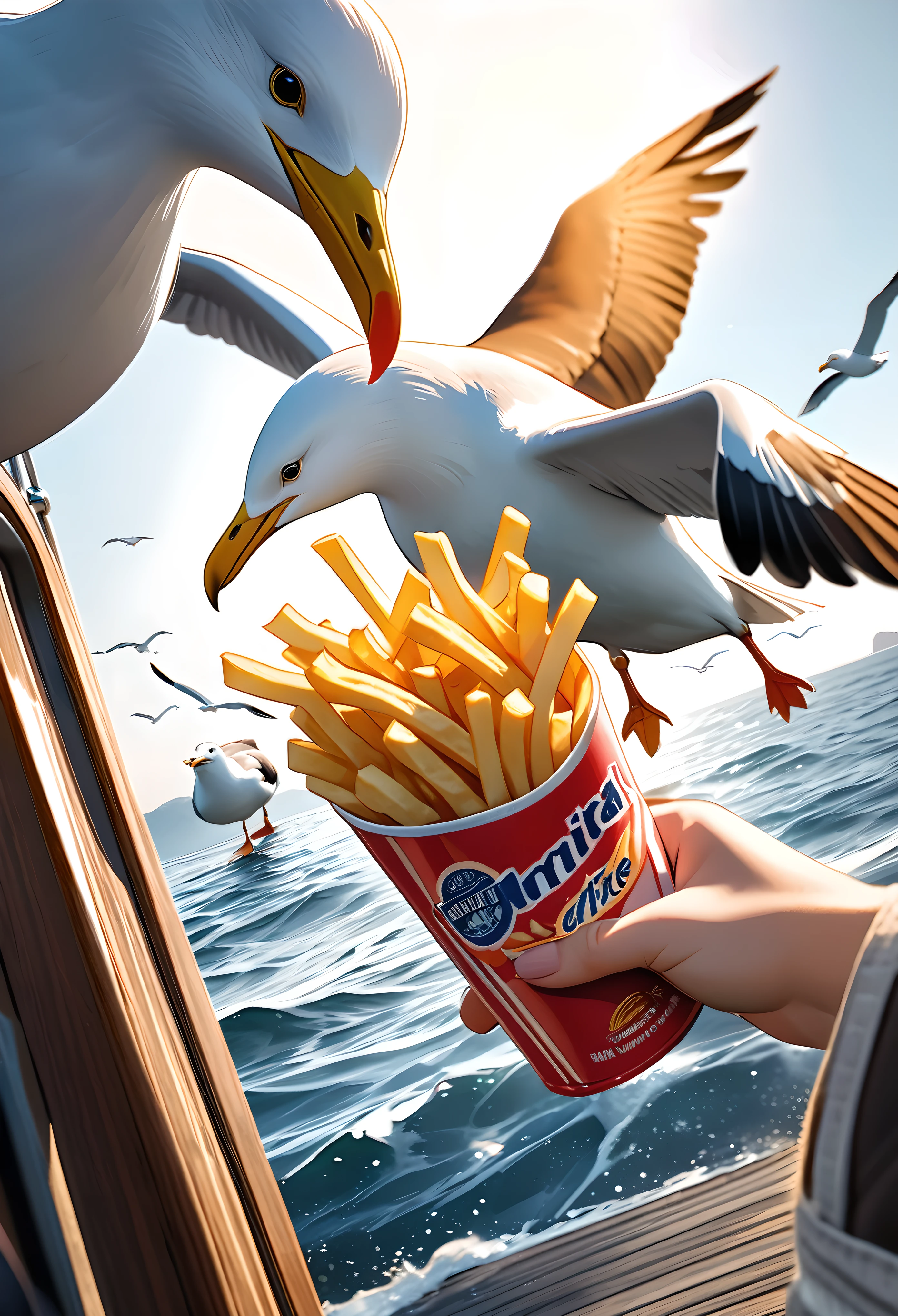 Transparent Full color, Photo style, Realistic Photographic Images,
Hold the french fries between your beak、Flying seagull, Seagull eating french fries,
Back view of a girl throwing french fries into the sea from the deck of a ship,
BREAK Ultra-realism, Detailed and realistic skin texture, Detailed and intricate texture, Detailed and intricate brushwork, Detailed and clear depiction, Anatomically correct, Absurd aesthetics,
BREAK Dramatic Cinematic Lighting,
Dynamic shot, (shot from below:1.3),
BREAK Re-drawing into a clear and vivid work, highest quality render, Highest quality, Highest Resolution,
Transparent Full color, Photo style, Realistic Photographic Images,