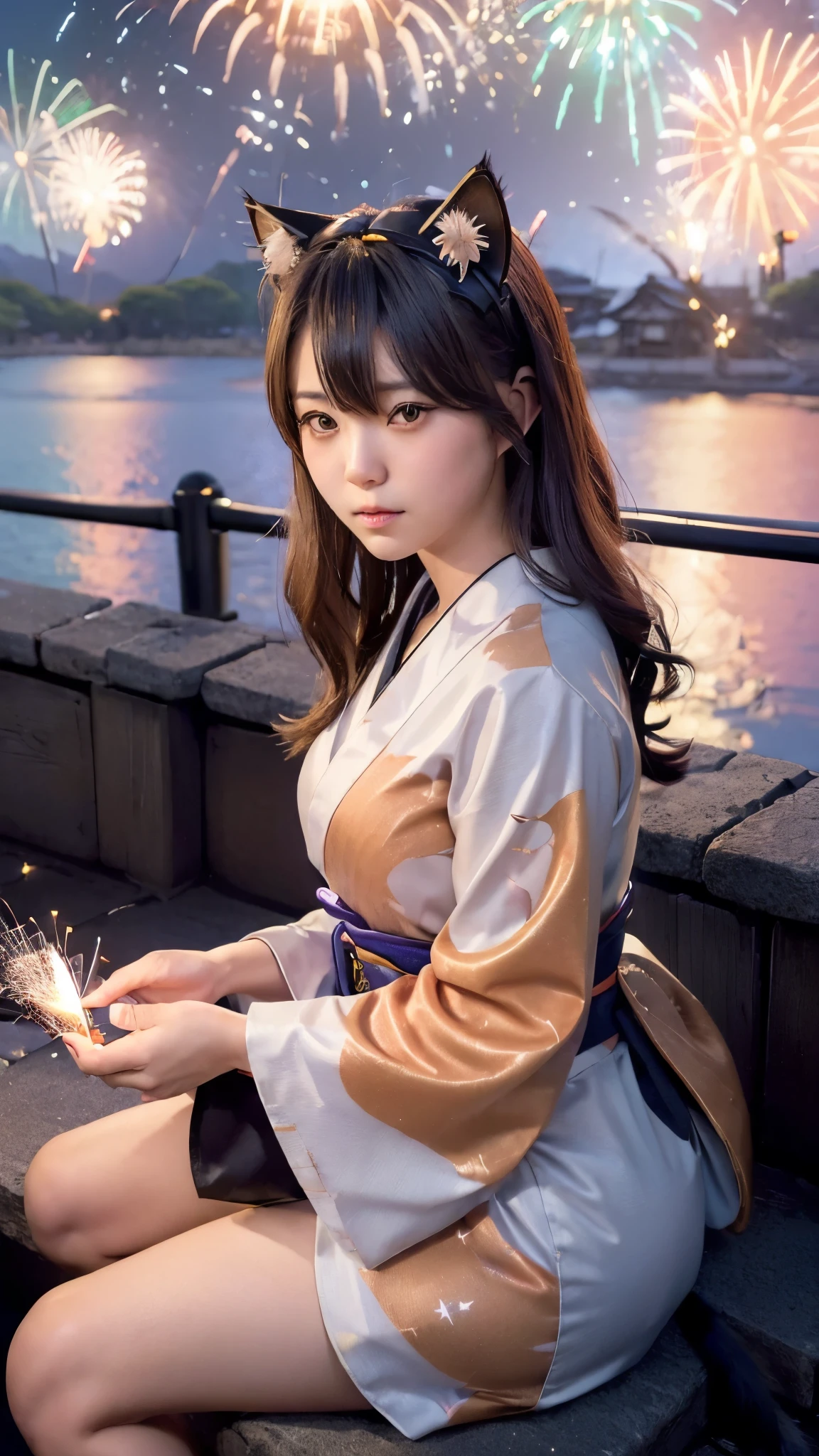 (Japanese idle:1.6), (Cat ears:1.3), yukata, (Fireworks:1.4), Sitting in sunset seashore,
