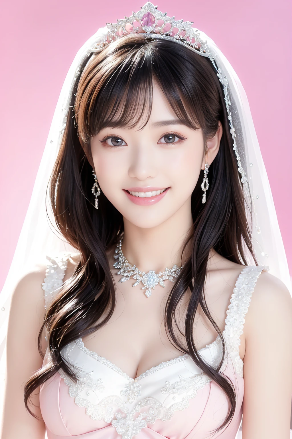 (Highest quality、Tabletop、8k、Best image quality、Award-winning works)、One beautiful bride、(alone:1.1)、(The most extravagant and gorgeous huge pure white wedding dress:1.1)、(Perfect Wedding Lace:1.2)、(The most gorgeous and luxurious giant tiara:1.3)、(The most extravagant and luxurious giant necklace:1.3)、(Tiara adorned with huge jewels:1.3)、(Cleavage:1.1)、(Large Breasts:1.1)、Smiling widely and showing beautiful teeth、Look at me with your best smile、The finest jewellery decoration、Perfect Makeup、Long eyelashes、Ultra HD Shining Eyes、Ultra HD Hair、Ultra High Resolution Glossy Lips、Ultra High Resolution Perfect Teeth、Beautiful face in ultra-high definition、(Accurate anatomy:1.1)、Very bright and beautiful skin、very bright and vivid、Beautiful glossy lips、Perfect beautiful bridal hairstyles、(Front facing body:1.1)、(Solid pink background:1.2)、(Upper body photo:1.3)
