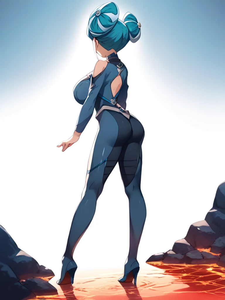 best quality,ultra detailed,solo,score_9, score_8_up, score_7_up, score_6_up, score_5_up, score_4_up, source_anime, 1girl, clara, blue hair, hair tubes, grey eyes, bodysuit,big breasts, sexy pose, (behind view,portrait),full body, sitting on lava,heavenly ass, heavenly breasts, big ass, no shoes, wearing black heels, upset, cute, face, long legs, tight bodysuit, tight sleeves, dark bodysuit, half-closed eyes, backside, purple core