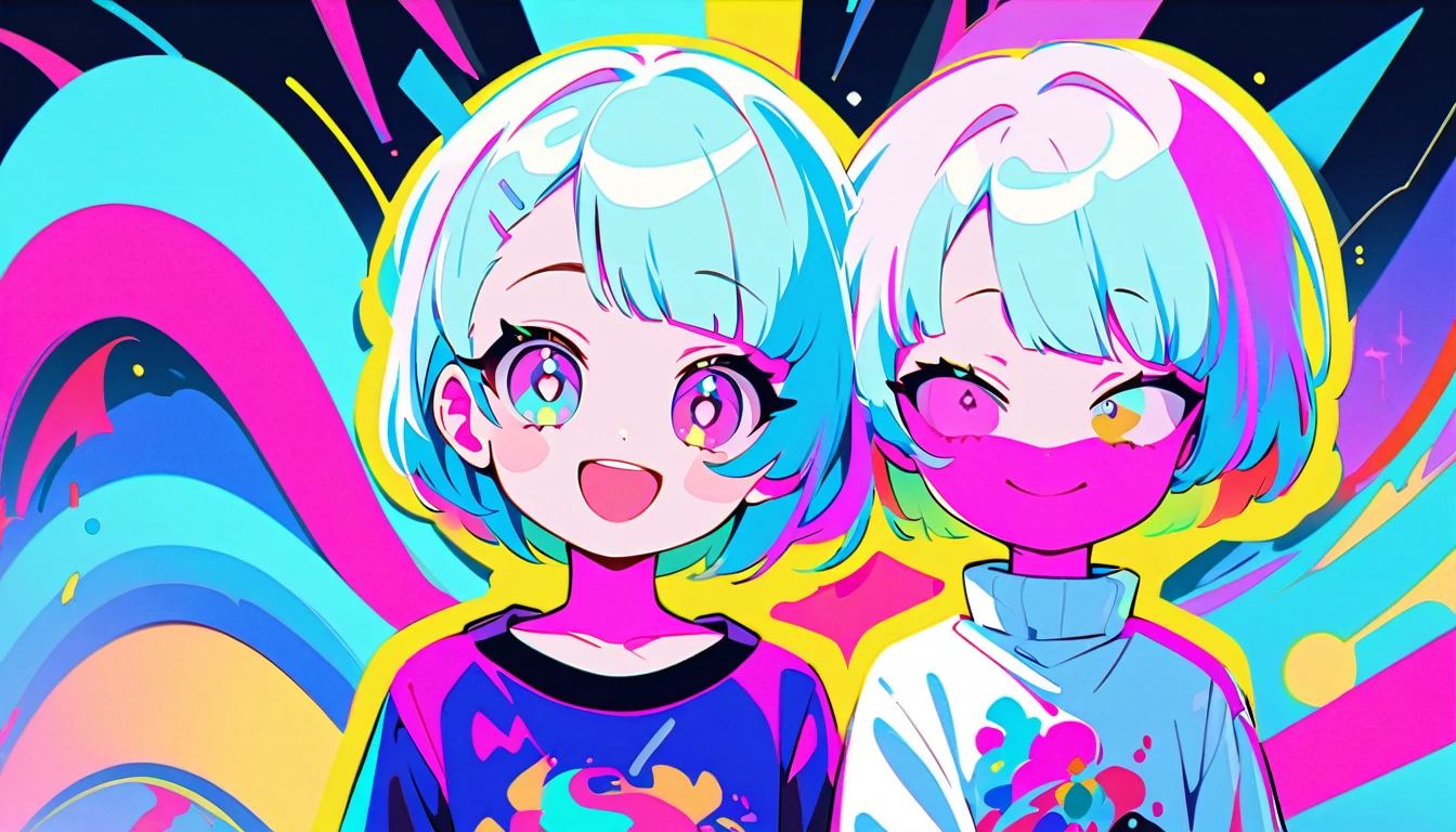 Vibrant art,pop、bright、colorful, 1 male, Light blue hair, short hair、Happy,cute, animation style, kawaii, clearly, colorful cyberpunk, bubblegum pop, cute、Pink and light blue as main colors、I'm cheering loudly、 Headphonesをしている、Headphones、music、