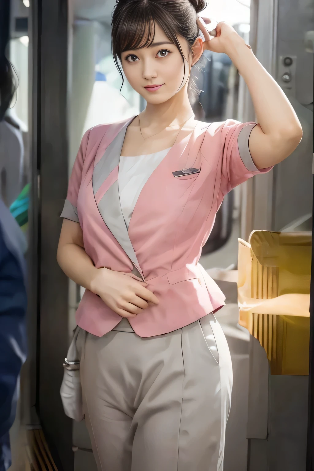 (masterpiece:1.2, Highest quality:1.2), 32K HDR, High resolution, (alone、1 girl)、(On the rooftop of a building in the daytime、Professional Lighting)、Building rooftop background、(Nankai train crew uniform pinkを着たリアルスタイル)、(Nankai train crew uniform pink short sleeve collarless pink jacket、Nankai Train Crew Uniform Pink Collarless Short Sleeve Blouse、Nankai Train Crew Uniform Pink Grey Knee-length Culottes)、((The bottom of the pink short-sleeved jacket cannot be tucked into the clay-colored culottes.))、Dark brown hair、(Hair tied up、Hair Bun、Hair Bun)、Dark brown hair、Long Shot、Big Breasts、Thin legs、((Great hands:2.0)),((Harmonious body proportions:1.5)),((Normal limbs:2.0)),((Normal finger:2.0)),((Delicate eyes:2.0)),((Normal eyes:2.0)))、(Nankai Train Crew Uniform Pink Grey Knee-length Culottesを見せた美しい立ち姿)、smile