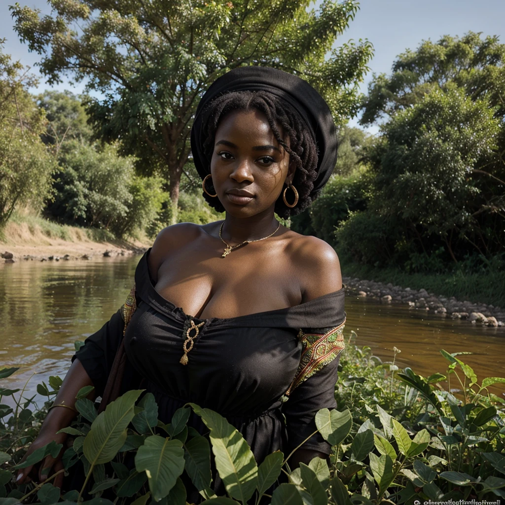 dame africaine, peau sombre, porter du tissu africain, gros cul, at the river, green vegetation, peu de vêtement, beautiful face, beau visage, belle fesse, big ass