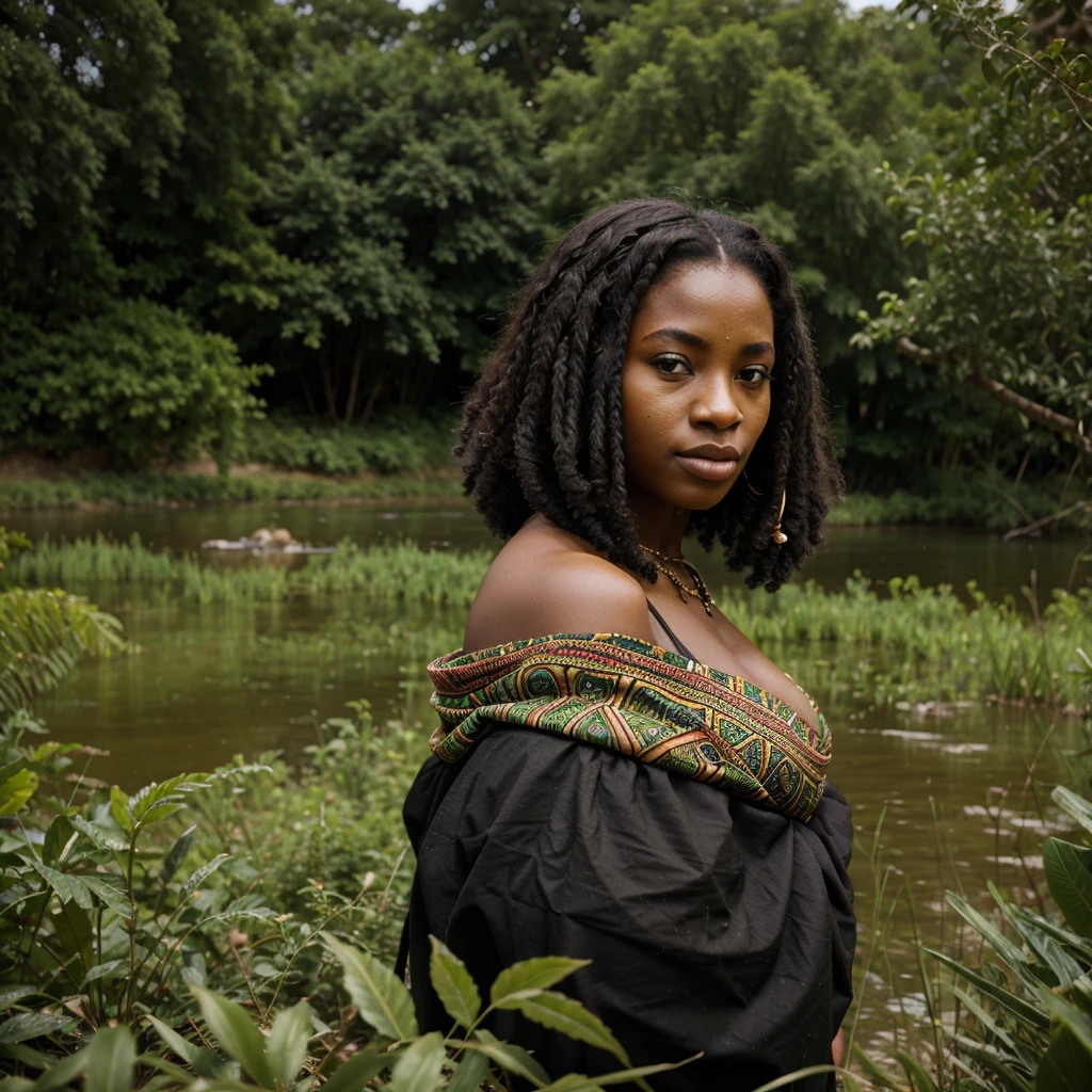 dame africaine, peau sombre, porter du tissu africain, gros cul, at the river, green vegetation, peu de vêtement, beautiful face, beau visage, belle fesse, big ass
