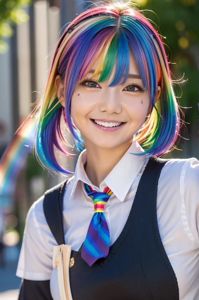 1girl, masterpiece, japanaese girl, absurderes, hight resolution, ultra-detailliert, depth of fields, masterpiece, pony tail, ((happy smile)), extremely detailed CG, 3D Photography, 3D background, Unity, 8K, Hi-Res, top-quality, shadowy, sharp focus, (super long hair), (school uniform:1.2), (bright rainbow colored hair:1.6), blush, A detailed eye, blurry backround, dynamic angle, closed mouth, Look at viewers, superclear, curvaceous girl,