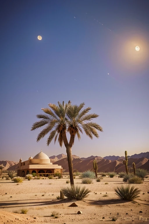 mosque photos amidst the desert There is a date palm tree on the side on a full moon night.