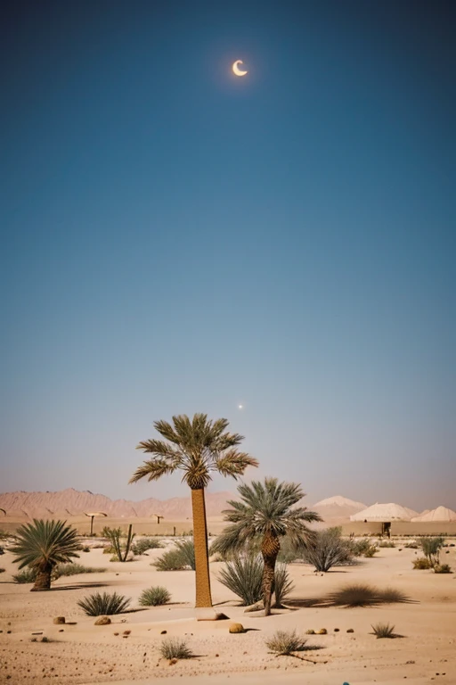 mosque photos amidst the desert There is a date palm tree on the side on a full moon night.