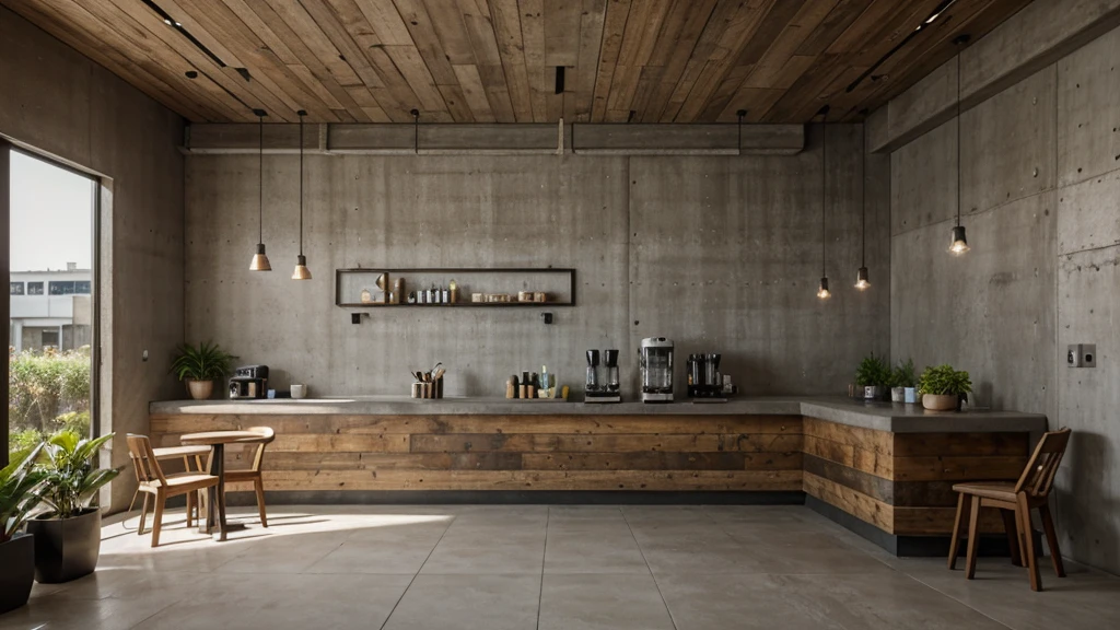 Interior corner of coffee bar interior with modern concrete rustic, LED lighting text with "Coffee Bean", with backdrop of natural light, wall decorated with old effect cement paint, mix with rivendell architecture, concrete hitech interior, atrium corner, open floor, small garden space in the interior, beautiful aesthetic design, minimalistic furniture in the wood, corner of cafe bar , rustic, filled with natural light, modern earthy neutral earthy, 8k, FHD, Octance Render