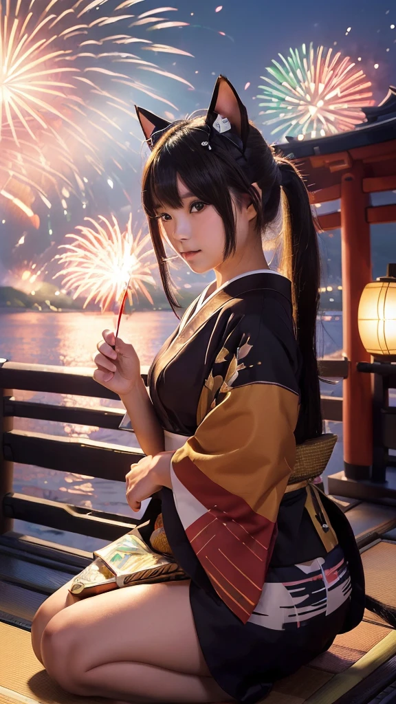 (Japanese idle:1.6), (Cat ears:1.3), yukata, (Fireworks:1.4), Sitting in sunset seashore,