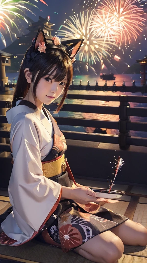 (Japanese idle:1.6), (Cat ears:1.3), yukata, (Fireworks:1.4), Sitting in sunset seashore,