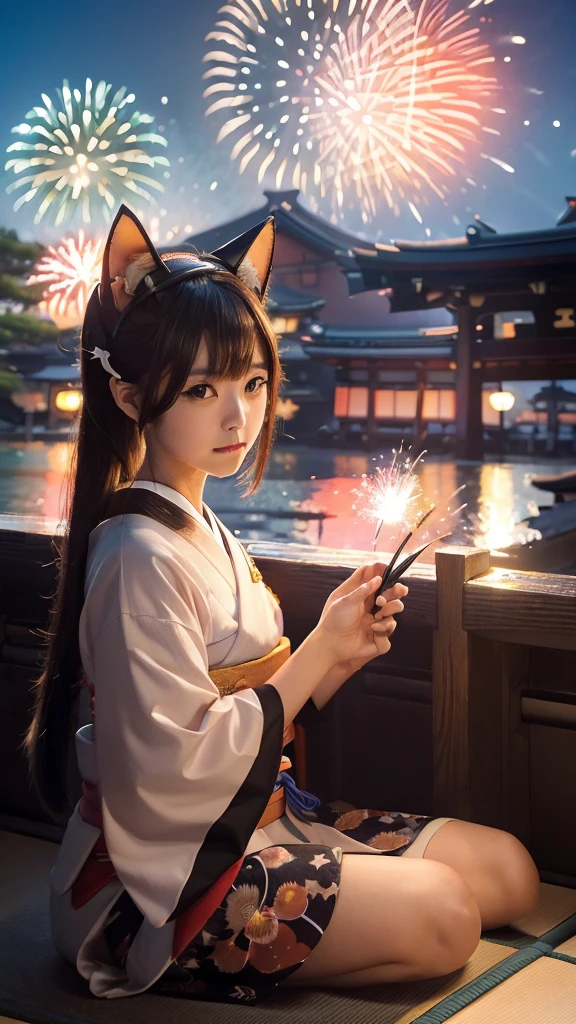 (Japanese idle:1.6), (Cat ears:1.3), yukata, (Fireworks:1.4), Sitting in sunset seashore,