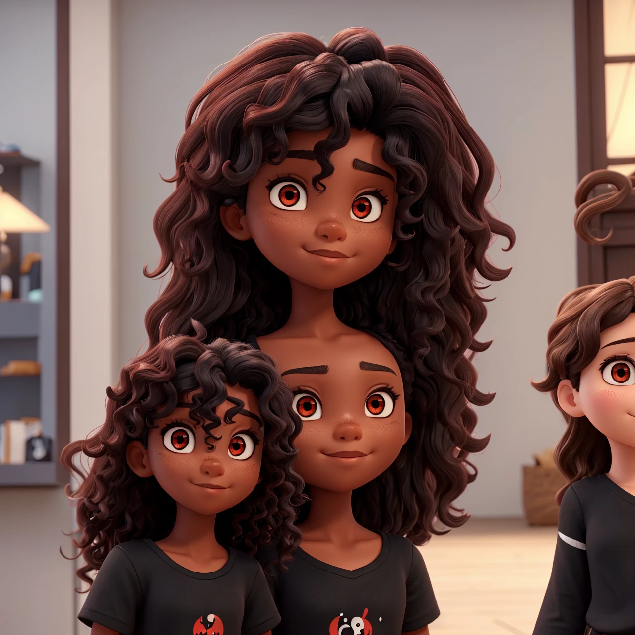 Has beautiful middle parted hair, red eyes, black face, black shirt, wavy hair.