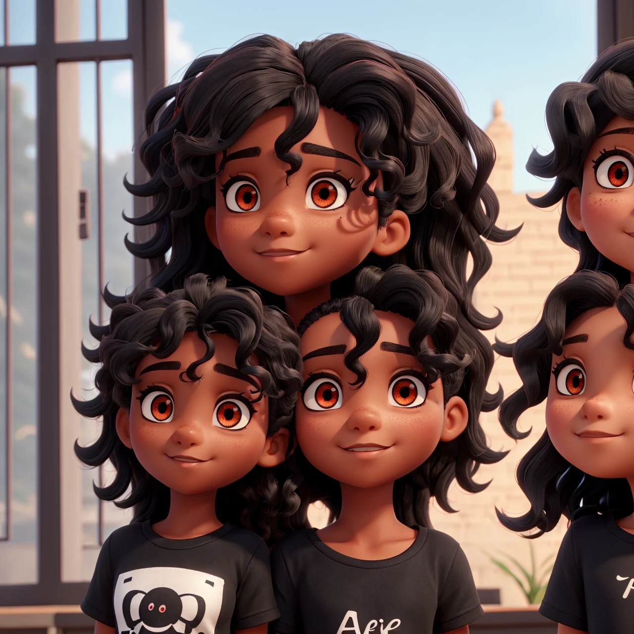 Has beautiful middle parted hair, red eyes, black face, black shirt, wavy hair.