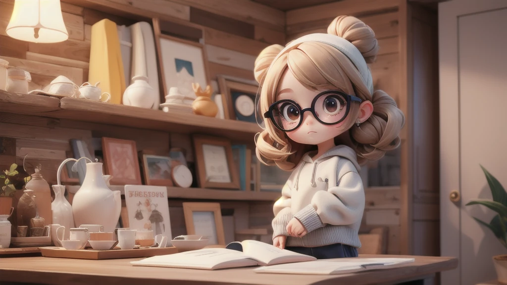Girl chibi with White pullover, dark brown eyes, glasses