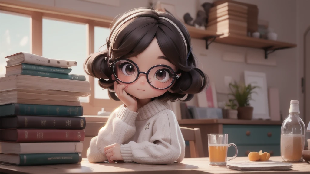 Girl chibi with White pullover, dark brown eyes, glasses