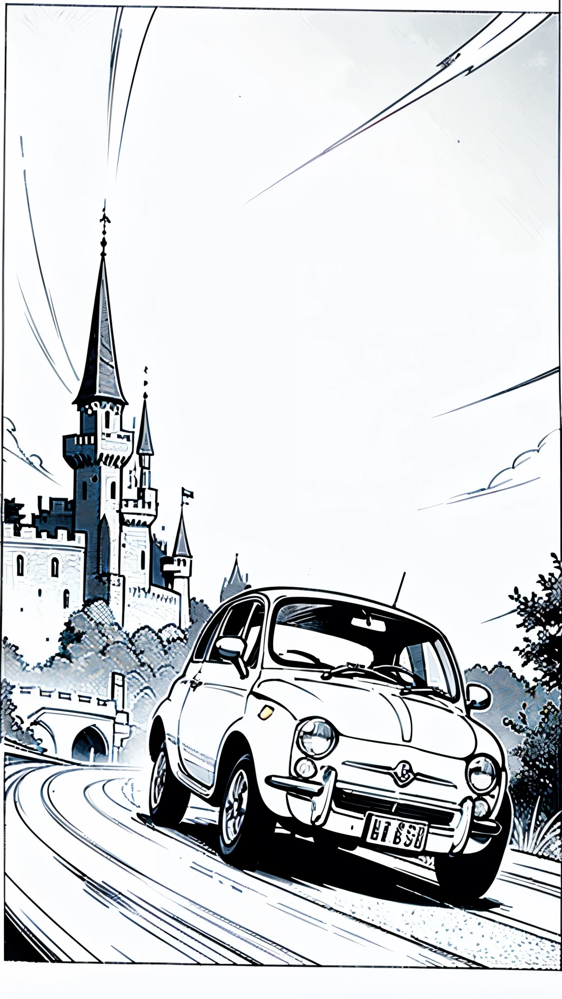 (masterpiece:1.2, Highest quality),(Line art),(Monochrome),(Very detailed),8K,wallpaper,Fiat 500,driving,Lupin III,Castle of Cagliostro,running,Depicting a sense of speed