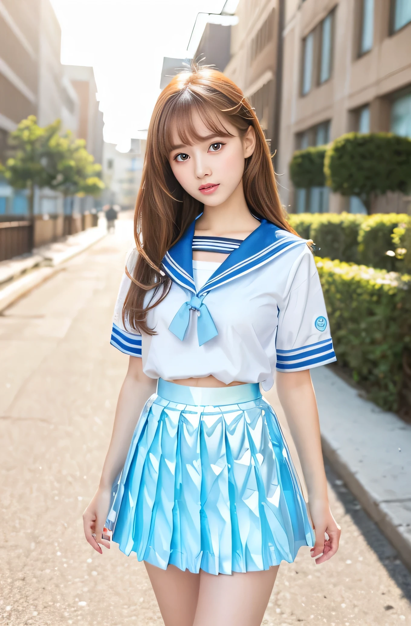 Angelic Very beautiful cute girl,
5 yo,
Beautiful detailed eyes, 
Detailed double eyelids,
(Large eyes:1.4),
Long straight brown hair, 
see-through bangs,
Sharp Focus,
small straight nose,
beautiful detailed face and eyes, 
drooping eyes,
(Soft Saturation: 1.3), 
(Fair skin: 1.2),

BREAK (super shiny light blue sailor high school uniform:1.5),(super shiny light blue pleated skirt :1.5), (light blue sailor collar high school uniform),

Walking,
Costume lighting,
In the street ,
(Brown hair:1.5)