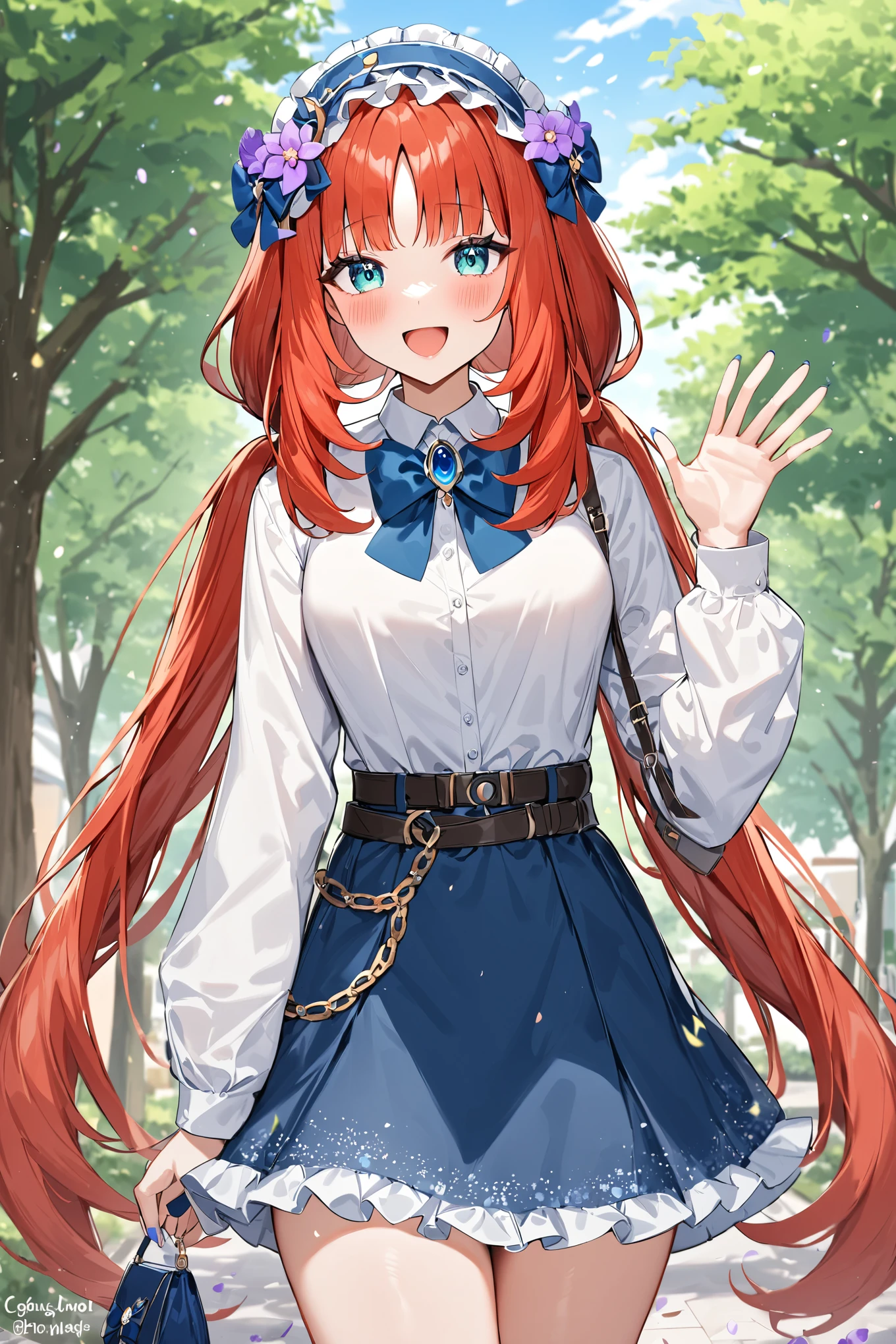 masterpiece,best quality,very aesthetic,absurdres, nilou \(genshin impact\),1girl,skirt,long hair,blue skirt,smile,shirt,solo,frills,red hair,bow,bag,long sleeves,flower,floral print,twintails,looking at viewer,brooch,hairband,alternate costume,bangs,petals,blue gemstone,aqua eyes,bowtie,white shirt,jewelry,falling petals,belt,gem,holding,handbag,parted bangs,outdoors,hair ornament,chain,hair flower,low twintails,contemporary,frilled hairband,tree,blush,nail polish,purple flower,open mouth,day,blue bow, username,frilled skirt,:d,waving,casual,