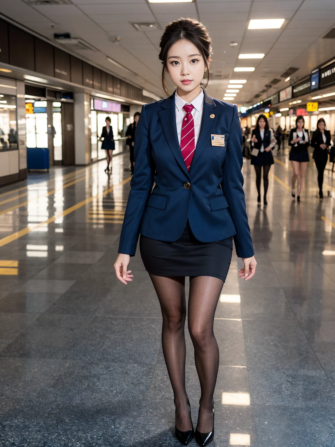 {{Mature Woman, White people}}, View your viewers, Hazel Eyes, Very detailed, Medium chest, Brown Hair, airport, flight attendant, uniform, Blue blazer, Blue tie, Black medium skirt, Midi Skirt, Pencil midi skirt,Black Pantyhose、 Blue High Heels, Happy, 最high quality, high quality, Very detailed anime screencap, {{{{Crowded, Multiple Girls, Thousands of sisters, Millions of sisters,Billions of Sisters, clone, Doppelganger, Matching outfits, Matching hairstyle}}}}, Matte black pantyhose、whole body