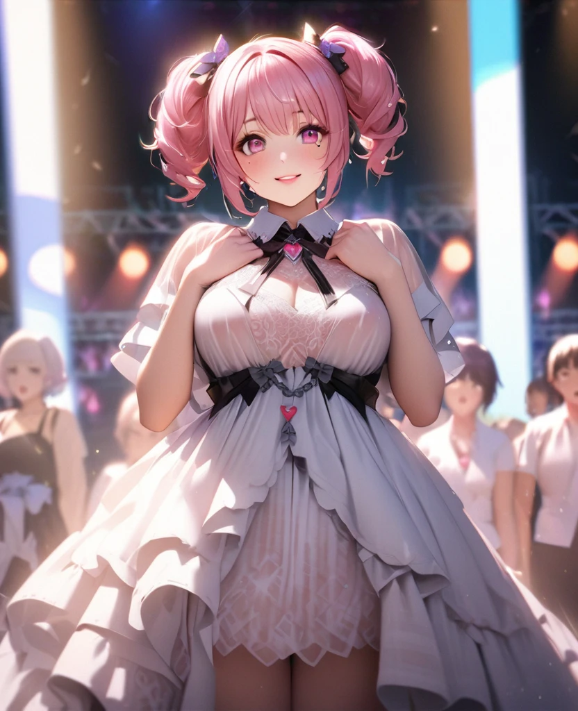 One Girl、Looking at the audience、lovely,
Beautiful pink eyes、short twin tail hair , Mole under the eye、Plump and glossy lips、Heart-shaped choca、Idol、Her name is Rico,smile、ー、。.。.。.。.。.。.。.。.。.。.。.。.。.。.。.。.。.。.3D、Realistic、
The idol's costume was soaked in the heavy rain, and her chest was wet and transparent.Heavy rain at outdoor concert, Drape clothes、gem、The decoration has been removed、Floral、Lace trim,On a glittering stage、
masterpiece、highest quality、8k、Detailed skin texture、Detailed cloth texture、Beautifully detailed face、Intricate details、Very detailed、
超A high resolution、8k Ultra HD、Film Grain、Best Shadow、delicate、Gazing at the audience、front
