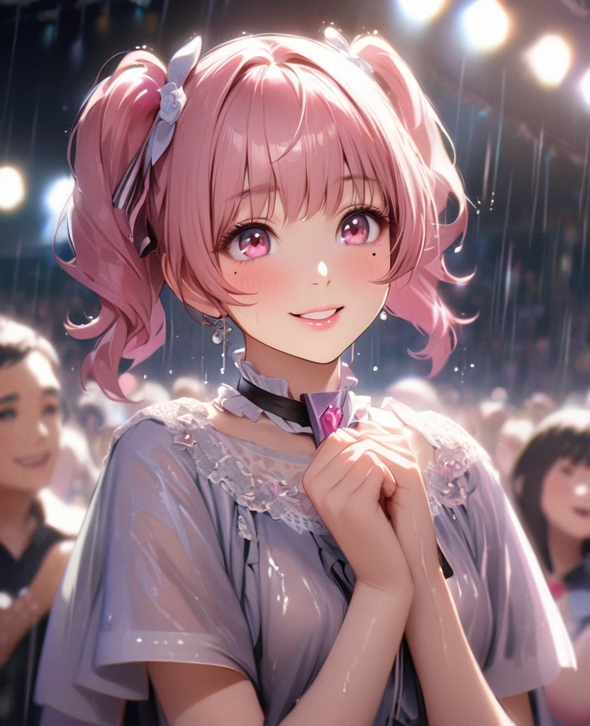 One Girl、Looking at the audience、lovely,
Beautiful pink eyes、short twin tail hair , Mole under the eye、Plump and glossy lips、Heart-shaped choca、Idol、Her name is Rico,smile、ー、。.。.。.。.。.。.。.。.。.。.。.。.。.。.。.。.。.。.3D、Realistic、
The idol's costume was soaked in the heavy rain, and her chest was wet and transparent.Heavy rain at outdoor concert, Drape clothes、gem、The decoration has been removed、Floral、Lace trim,On a glittering stage、
masterpiece、highest quality、8k、Detailed skin texture、Detailed cloth texture、Beautifully detailed face、Intricate details、Very detailed、
超A high resolution、8k Ultra HD、Film Grain、Best Shadow、delicate、Gazing at the audience、front