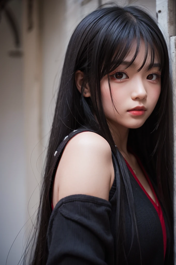 A girl with long black hair and red eyes